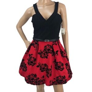 Crystal Doll Red Floral Brocade Belted A-Line Fit & Flare Formal Evening Dress 9